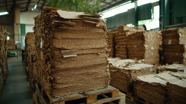 Umweltfreundliche Produktion: gestapeltes Recyclingpapier in einem Industrielager