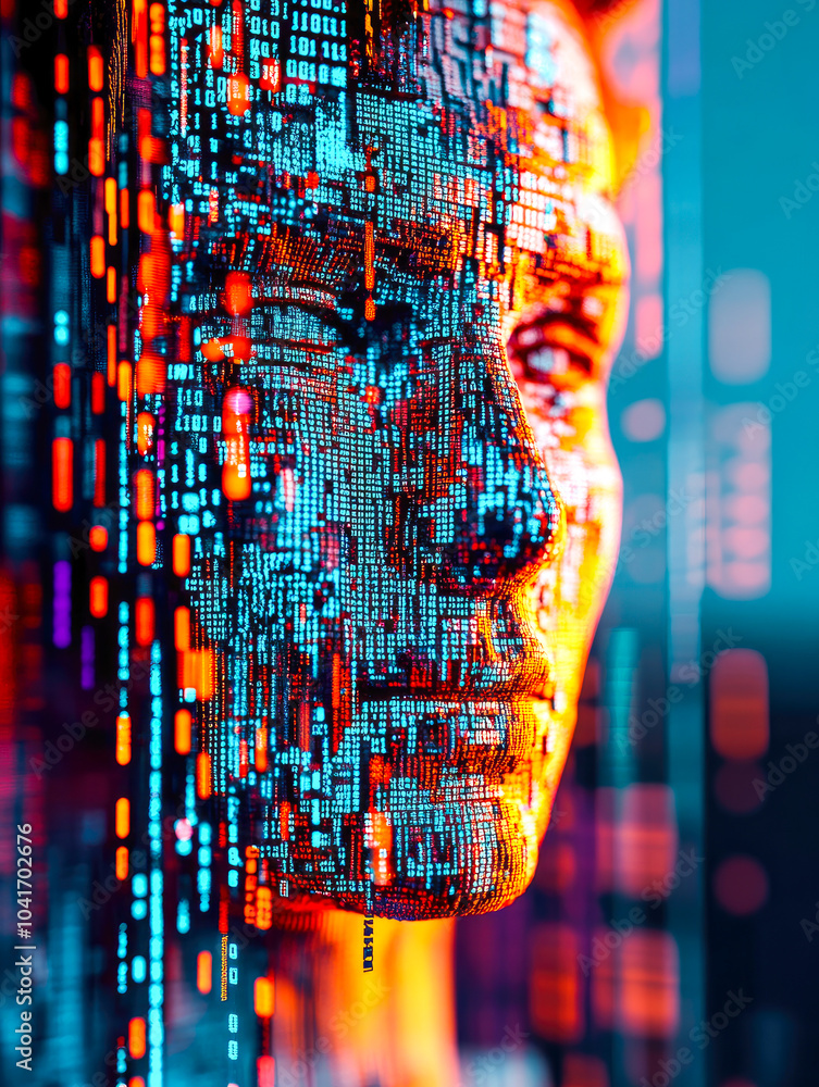 Poster a futuristic human face constructed from data streams and code, symbolizing the merging of human and