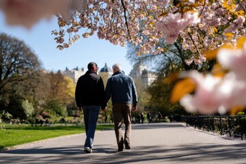 Obraz premium Two men leisurely walk hand in hand through a scenic parkway full of blossoming trees, capturing moments of friendship, peace, and the magic of springtime.
