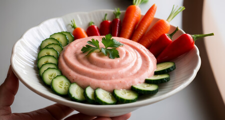 Hand holding plate of pink dip with vegetables for dipping