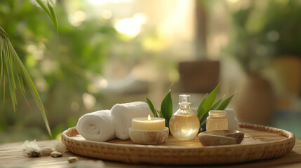 Ayurvedic beauty products made with natural herbs and oils, arranged on a bamboo tray, set against a backdrop of a peaceful, spa-like environment