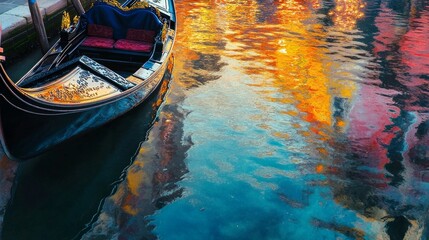 Fototapeta premium Close-up of a gondola floating through Venice's canals, with colorful reflections at twilight.