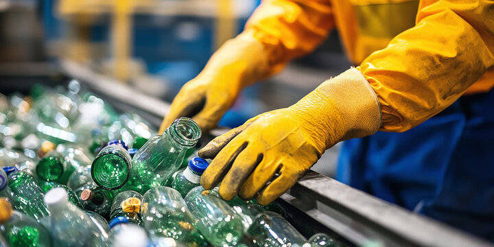 A worker with yellow gloves sorts glass bottles at a recycling plant. The image conveys environmental sustainability and the importance of glass recycling in waste management systems