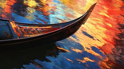 Fototapeta premium Close-up of a gondola floating through Venice's canals, with colorful reflections at twilight.