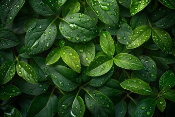 A bunch of green leaves with water droplets on them