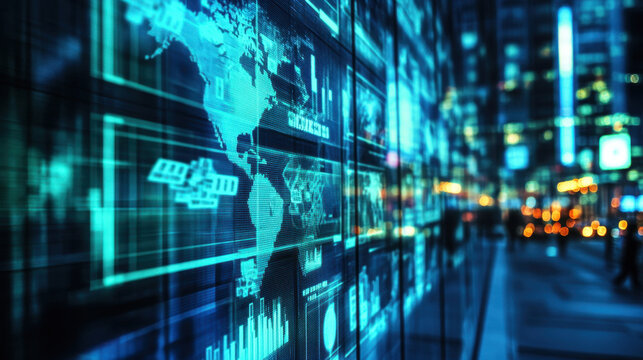 A digital world map visualizing global data trends and connections in vibrant blue and red colors