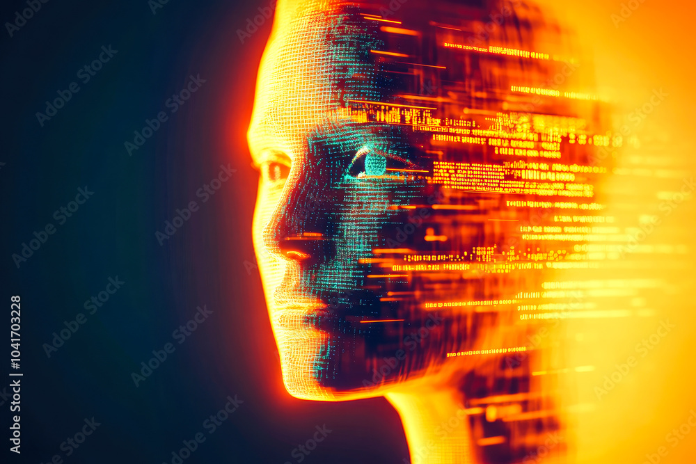 Poster a radiant face in digital motion captures the essence of human identity intertwined with automated p