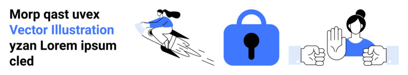 Depicts a person riding a rocket, a padlock, and a woman making a stop gesture. Ideal for online privacy, cybersecurity, digital safety, secure access, and data protection. Landing page