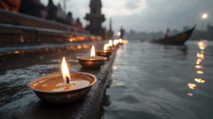 Gläubige zünden in der Abenddämmerung am Flussufer Kerzen zur friedlichen Meditation an.