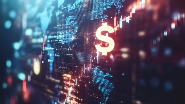 A digital world map visualizing global data trends and connections in vibrant blue and red colors