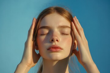 Fototapeta premium Meds. Woman Massaging Temples to Relieve Headache and Migraine Pain