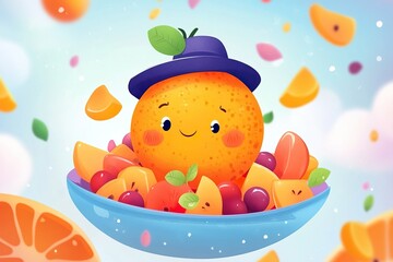 Obraz premium Adorable Orange in a Bowl of Fruit Salad with a Tiny Hat - Cartoon Illustration