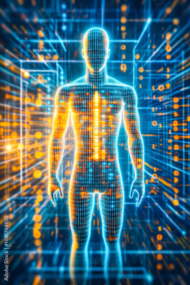 Poster a digital human form integrated into an abstract network, symbolizing connection and communication i