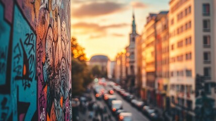 Obraz premium Close-up of colorful street art in Berlin during golden hour, with a bustling city in the background.