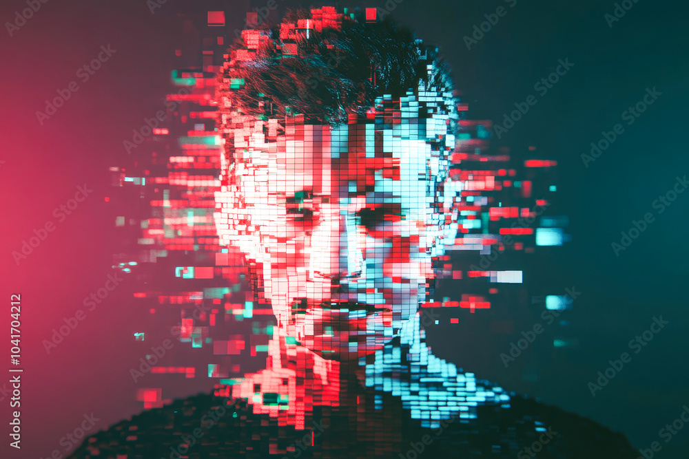 Poster A pixelated head dissolves into a colorful glitch effect, capturing the essence of digital disruption and artistic abstraction.