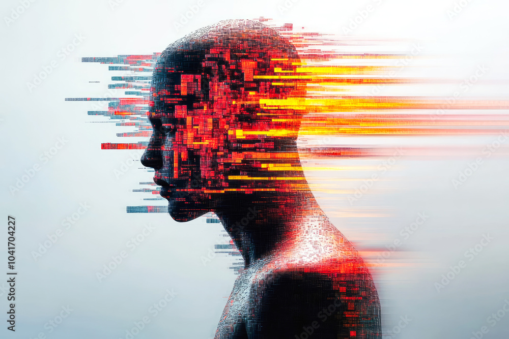 Aufkleber a human profile appears fragmented into pixelated bits, symbolizing the digital transformation and e