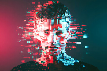 A pixelated head dissolves into a colorful glitch effect, capturing the essence of digital disruption and artistic abstraction.