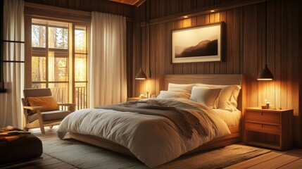 Cozy bedroom interior featuring warm soft lighting, modern and rustic blend, comfortable bedding, and inviting furnishings for ultimate relaxation.