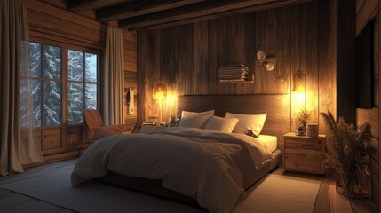 Cozy bedroom interior with warm lighting and a mix of modern rustic decor, inviting relaxation and comfort in a serene setting.