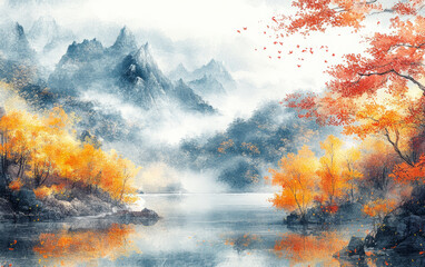 Traditional Chinese style of minimalist landscape painting art background
