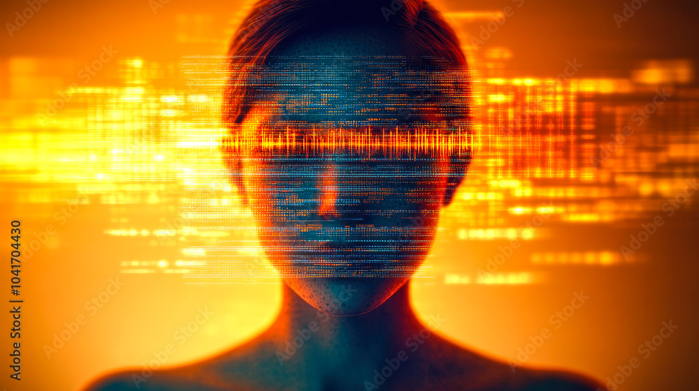 Poster a luminous digital face with dynamic patterns reflecting the connection between technology and human