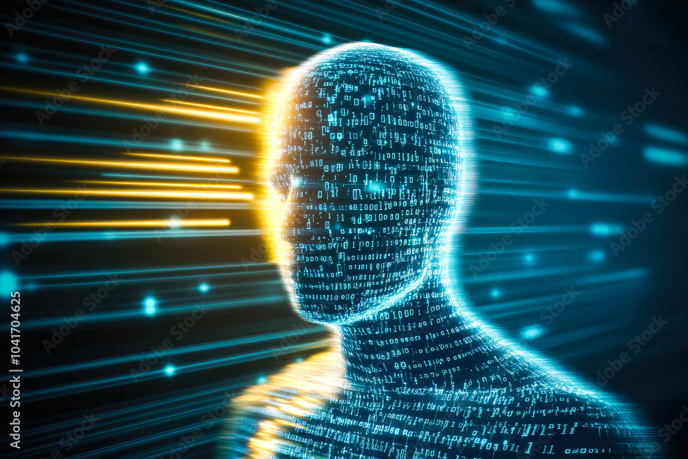 Poster a futuristic silhouette filled with binary codes representing technology, data, and digital human id