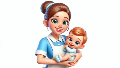 Cartoon Maid Holding a Baby.