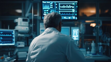 Fototapeta premium Doctor looking at vital signs monitor, modern healthcare technology, digital medical solutions, back view