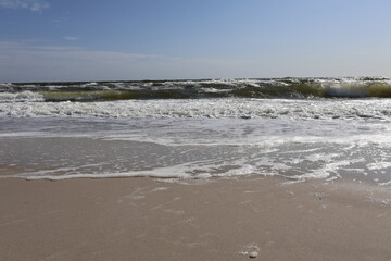 Foamy Waves Reaching the Sandy Shore on a Sunny Day at the Ocean