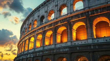 Fototapeta premium Close-up of the Colosseum in Rome illuminated by the warm glow of sunset.
