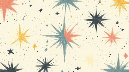Stylized Scandinavian stars pattern with various colors on a light background, perfect for textiles
