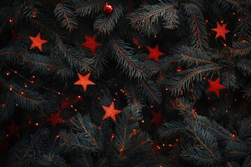 Christmas Decoration with Fir Branches and Red Stars on a Dark Background with generative ai