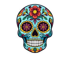 Sugar skull with flowers. Day of the Dead holiday decoration. Cartoon illustration.