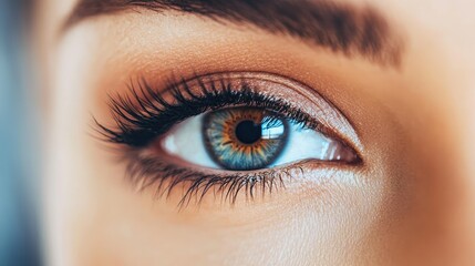 Obraz premium Detailed macro of a woman eye, framed by natural makeup and full, dark lashes, highlighting her iris and overall beauty.