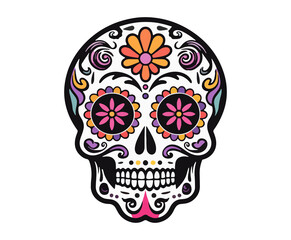 Sugar skull with flowers. Day of the Dead holiday decoration. Cartoon illustration.