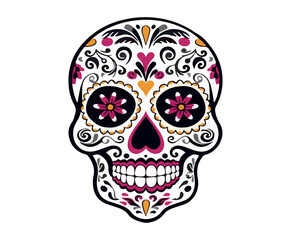 Sugar skull with flowers. Day of the Dead holiday decoration. Cartoon illustration.