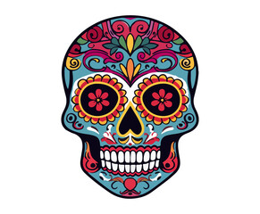 Sugar skull with flowers. Day of the Dead holiday decoration. Cartoon illustration.