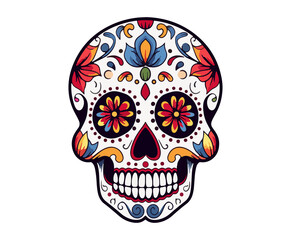 Sugar skull with flowers. Day of the Dead holiday decoration. Cartoon illustration.