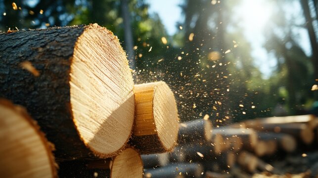 Nahaufnahme eines S&auml;gewerks, das in einem Waldgebiet Holz f&uuml;r den industriellen Einsatz schneidet