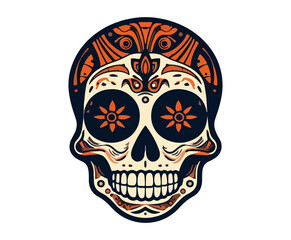 Sugar skull with flowers. Day of the Dead holiday decoration. Cartoon illustration.