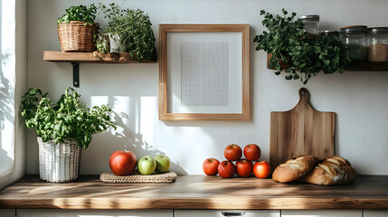 Wooden Kitchen Countertop with Apples, Bread, and Plants