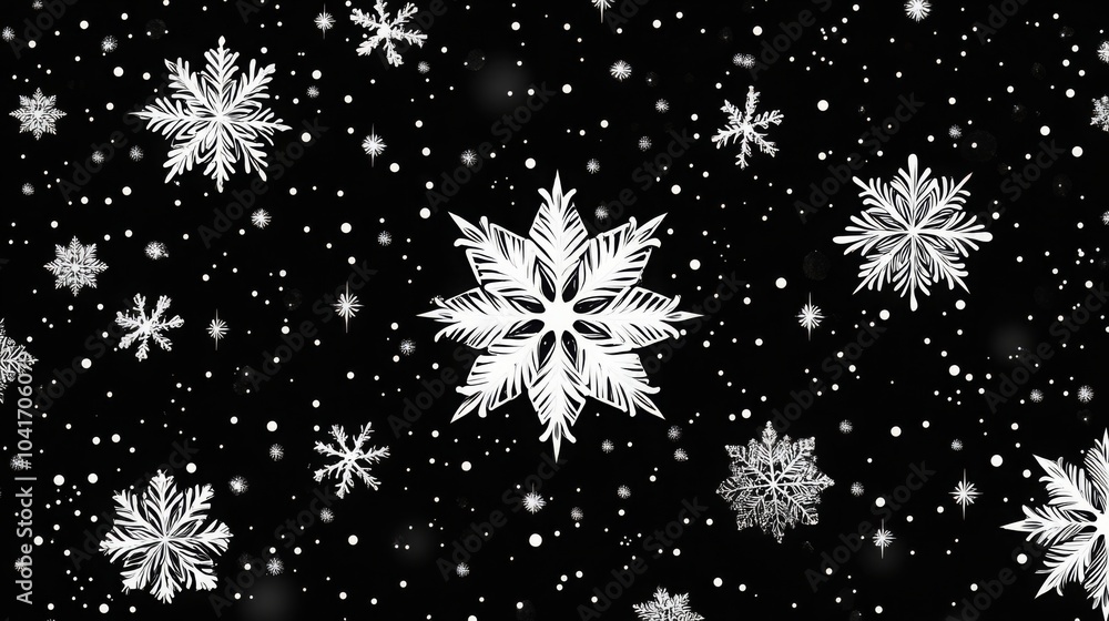 Poster layered geometric stars and snowflakes create an intricate design on a deep black background