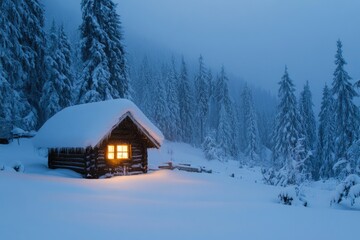 Christmas hut with lighted window in a snowy winter landscape with generative ai