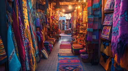 Obraz premium Close-up of the vibrant market stalls in Marrakesh, Morocco, during twilight.