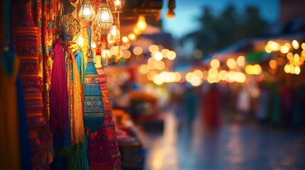 Fototapeta premium Close-up of the vibrant market stalls in Marrakesh, Morocco, during twilight.