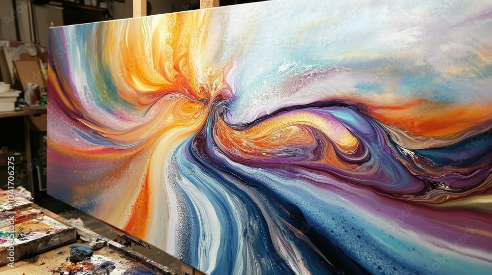 Poster dynamic fluid art with vibrant pigments swirling and intertwining, creating mesmerizing abstract pat