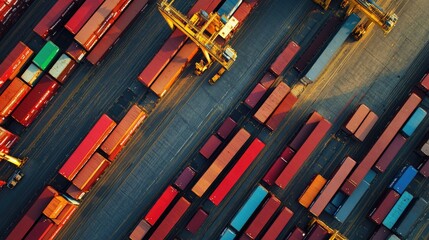 Drone shot of shipping containers in neat rows at a port, international freight management 