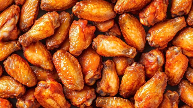 Tasty juicy fried chicken wings background. Fried appetizing chicken wings full frame close-up.