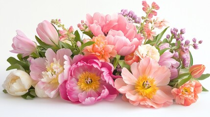 Elegant bouquet of pastel-colored flowers including peonies and tulips on a white background.