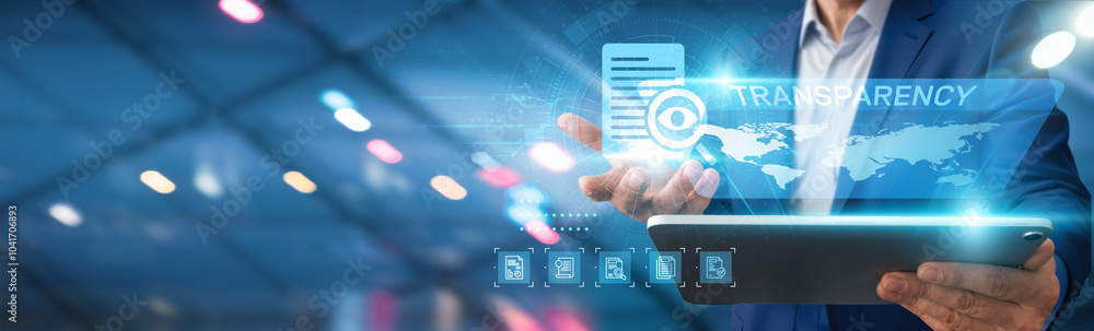 Poster businessman using tablet to enhance transparency in operations, improve communication with stakehold